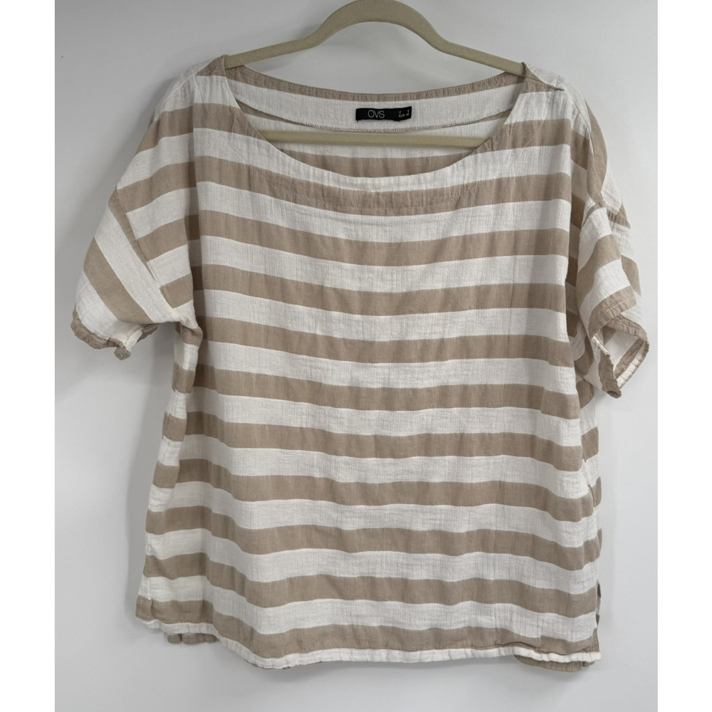 OVS Linen Blend Blouse Womens Medium Tan White Striped Coastal Minimalist Resort